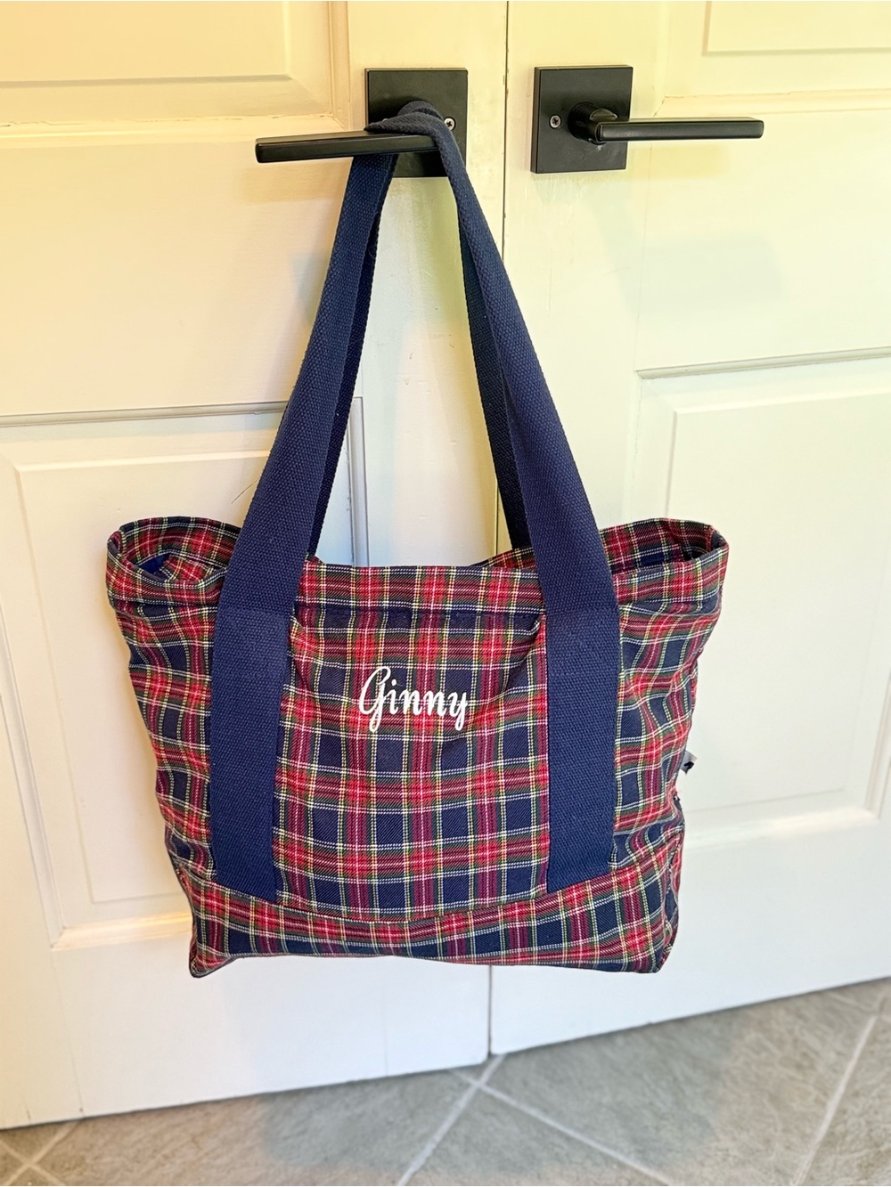 Large Sloane Ranger Tote - “Ginny” embroidery - red & blue plaid